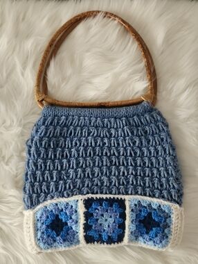 Handmade Crochet Shoulder Bag - Bamboo Handles